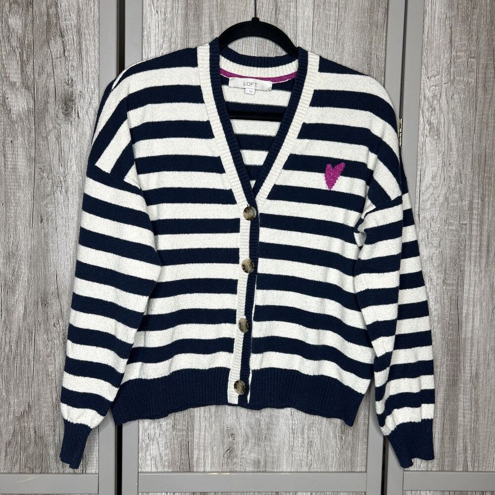 Loft Cardigan Pink Heart Striped V Neckline Ivory Navy Blue Size L